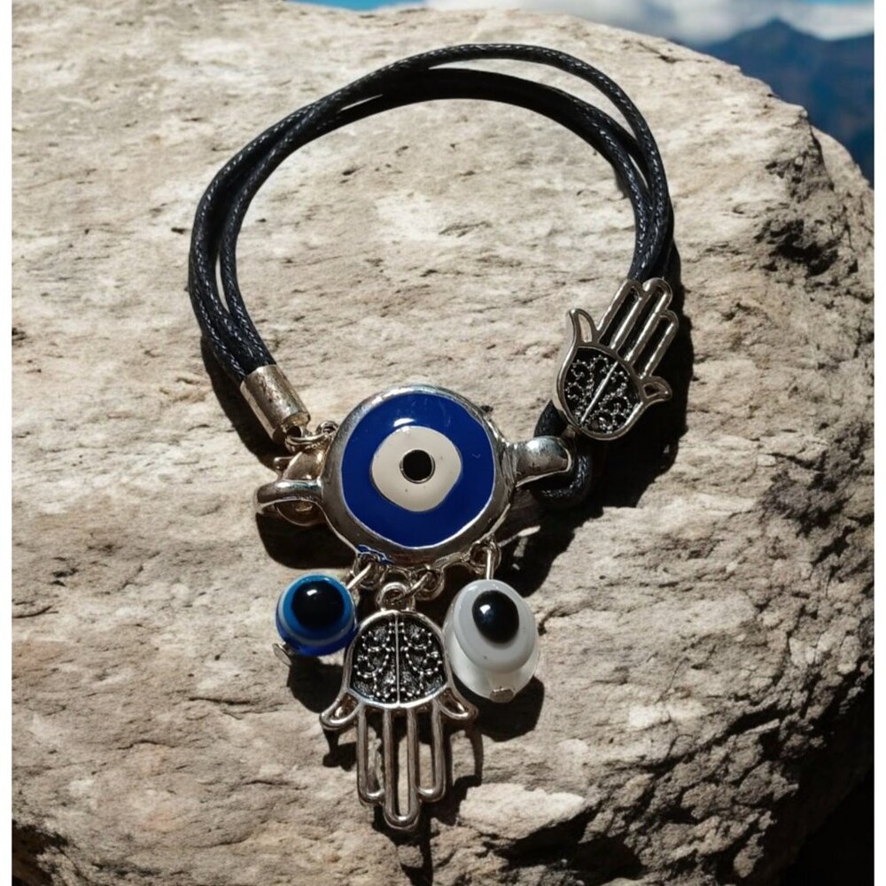 Hamsa Protection Bracelet Evil Eye Multiple Charms Hand of Fatima Corded
